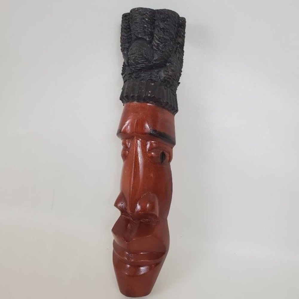 Vintage African High Top Hand Carved Face Wood Wall Art Tribal Decor Brown Black